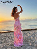 Gradient Mesh Ruffles Patchwork Sling Dress Women Summer V Neck Backless Long Dresses 2024 Fashion Female Holiday