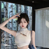 Women Two-piece Set French Pure Desire Sweet Spicy Hollow Sleeveless Backless Short Top Female Hollow Wrap Hip Slim