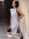 Summer Halter White Dress For Women Elegant Midi Bodycon Prom Ladies Solid Clothing Femme