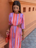 Pink Striped Printed Hollow Out Dress For Women Fashion Short Sleeve Backless Maxi Vestidos Female Chic Party Long