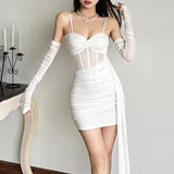 2025 Autumn And Winter New Women's Dress French Hottie Sexy Sling Mesh Splicing Perspective Waist