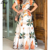 Holiday Summer Casual Tropical Print Short Sleeve Sexy Floral Maxi Dress High Waist Party Wear Robes Women's Long