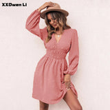Summer Casual Chiffon Solid Color V-neck Slim A-line Midi Dress 2022 Fashion Elastic Waist Jacquard Dresses For
