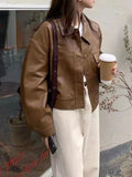 Vintage Lapel Neck Pocket Loose Short Leather Jacket- Outfit
