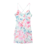 Spring Laminated Decorative Print Mini Suspender Dress