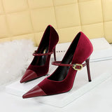 Zingj Banquet High Heels Fine Heel Shallow Pointed Top Xishi Suede Stitching Pointed Metal Buckle One Word Strip Single