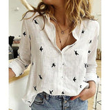 Long Sleeve Birds Print Loose Shirts Women Oversized Cotton and Linen Blouses and Tops Vintage Streetwear Tunic