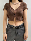 Wave Mesh Crop Top y2k Brown Pin Up T Shirt V Neck Trim Short Sleeve Cardigans Women Retro Cute Chic Tee Korean