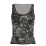 Zingj Street Style Graffiti Print Sleeveless Round Collar Slim Vest Women's 2024 Summer New