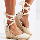 Summer New Large-Size Slopes And Women's Sandals Thick-Soled Buns Heel Heel Heel Tie Cloth Hemp Rope Sandals