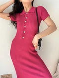 Sleeve Polo Collar Knitted Bodycon Long Dress Women Fashion 2023 Summer Black Sweater Dress Female Streetwear