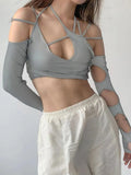 Women Halter Tops Gothic egirl Patchwork Long Sleeve Crop Top Sexy Cut Out Casual