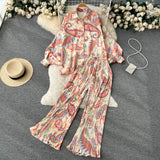 Zingj Style Two-Piece Suit Women's Autumn French Retro Print Loose Long-Sleeved Skirt High-Waist Straight Casual