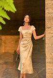 Party Midi Dresses for Women 2023 Summer Square Collar Slim Prom Female Clothes Wedding Evening Satin Dress New