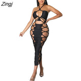 Summer Bodycon Dress Women Fashion Streetwear Backless Halter Midi Dresses Party Hollow Sheath Bohemian