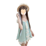 / Single-Piece Lace Mesh Spliced Bow French Top + Tight Waist White Short Skirt Set