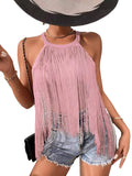 Women's Hot-Selling Solid Color Sleeveless Neck Top Ladies' Fashionable Tassel Beach