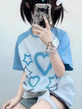 Japanese Y2k Aesthetic Heart Print T-shirt Preppy Loose Chic Sweet Tshirts Women Student Kawaii Fairy Harajuku Tee