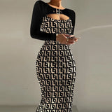 Women Shinny Sequin U Neck Party Midi Dress Elegant Slim Hollow Bodycon Bag Hip Dress Ladies Fashion Long Sleeve Sexy