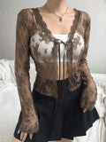 SUCHCUTE Sexy Lace Up Crop Tops Vintage Floral See Through Long Sleeve Women T-Shirts Brown Retro Mesh Aesthetic Clothes