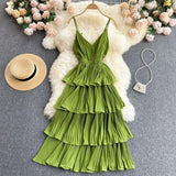 Women Draped Ruffle Spaghetti Strap Dress Sexy Vacation Beach Vestidos Female Elegant High Waist Slim Midi Robe 2023