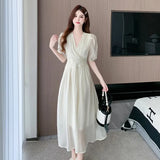 New French Midi Dresses for Women 2023 Elegant Party V-neck Bubble Sleeve Small Fresh Temperament A-line Female