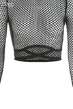 Fashion black long sleeve t shirt women mesh top crop tee see-through sexy lace up casual summer t-shirts 2023