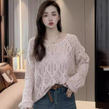 Zingj Lazy Wind Hollow Out V-Neck Sweater Female Spring And Summer 2024 New Fashion Versatile Show Thin Long-Sleeved