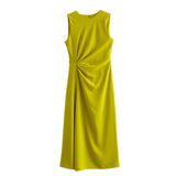 New Spring Style Side Pleated Dress With Long Sleeveless Midi