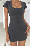 Short Sleeve Summer Women Bodycon White Dress Basic Slim Harajuku Korean Casual Dress Mini Skinny Solid Sundress