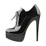 Onlymaker Women's Black Red Platform Ankle Boots High Heels Lace Up Patent leather Stiletto Sexy Lady Fashion Sexy