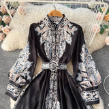 Zingj Spring And Autumn Style Holiday Style Holiday Style Lantern Sleeve Printed Dress A Skirt With Waist Swinging Above Knee