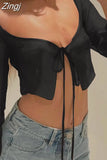 Zingj 2023 Sexy Y2K Women Mesh Sheer T-shirts Exposed Navel Crop Tops Long Sleeve Square Neck Tie-Up See Through 211-1-Outfit