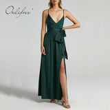 2022 Summer Women Satin Long Dress Spaghetti Strap Sexy Backless Slit Party Maxi Silk Slip