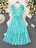 Temperament Flying Sleeve V Collar Waist Shows Thin A Word Big Pendulum Hollowed-Out Dress Seaside Holiday Long