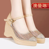 Heel Water Drill Sandals 2024 Summer New Soft-Soled High-Heeled Thick-Soled Waterproof Platform One-Word Buckle Comfortable Hollowed-Out Single
