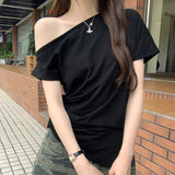 Seam Forked Irregular Shoulder Short-Sleeved T-Shirt Women's New Summer Design Feel Minority Lazy Style Beautiful