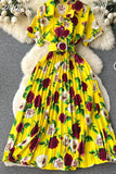 Women Floral Pleated Chiffon Dress Vintage Turn-Down Collar Short Sleeve Single Breasted Printed Draped Midi Vestidos