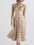 Women Floral Print Long Dress Summer Chic Short Sleeve Spaghetti Strap Split A Line Party Sundress Ladies Holiday Beach