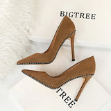 Zingj Sexy Nightclub Show Slim Ultra Thin With Fine Heel Suede Shallow Metal Chain Pointed Women's Single