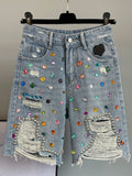 Summer Women's Jeans Korean Fashion Hole Ripped Beading Vintage Printed Knee Length Denim Pants Y2K High