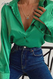 Satin Long Sleeve Blouses Women 2023 Autumn Vintage Blue Green Silk Shirt Women Casual Loose Button Up Street