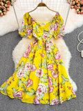 Women Sexy Floral Chiffon Dress Female Elegant V-Neck Short Sleeve High Waist A-Line Beach Vestido Casual Party Robe