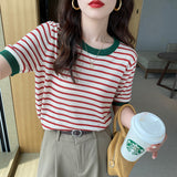 Zingj Silk Short-Sleeved Sweater Women's Thin Striped T-Shirt Large Size Korean Version Bottom Summer Half-Sleeved Chic