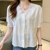 Sleeve White Shirt Women Summer Tops Office Chiffon Blouse Women with Lace Ctochet Button Up V Neck Clothing Blusas