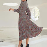 Spring Summer Women Clothing Boho Allover Geometric Print Long Sleeve Stand Collar Bust Tie (Without Belt) Long