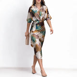 2025 Women's Dress New Temperament Fashion Print V Tie Tie To Straighten