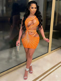 Women Dress Sexy Party Evening Diamonds Hot Rhinestones Bodycon Mini Lace Up Mini Dress Sexy Party Hollow Out