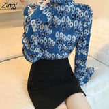 Women Turtleneck Spring Autumn Long Sleeve Female Top Vintage Floral Slim Trendy All-match Folds Chiffon Inside Basic