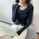 Zingj Autumn And Winter New Style Kengtiao Thin Knitted Blouse Woman V-Collar Slim Solid Color Cover Bottom